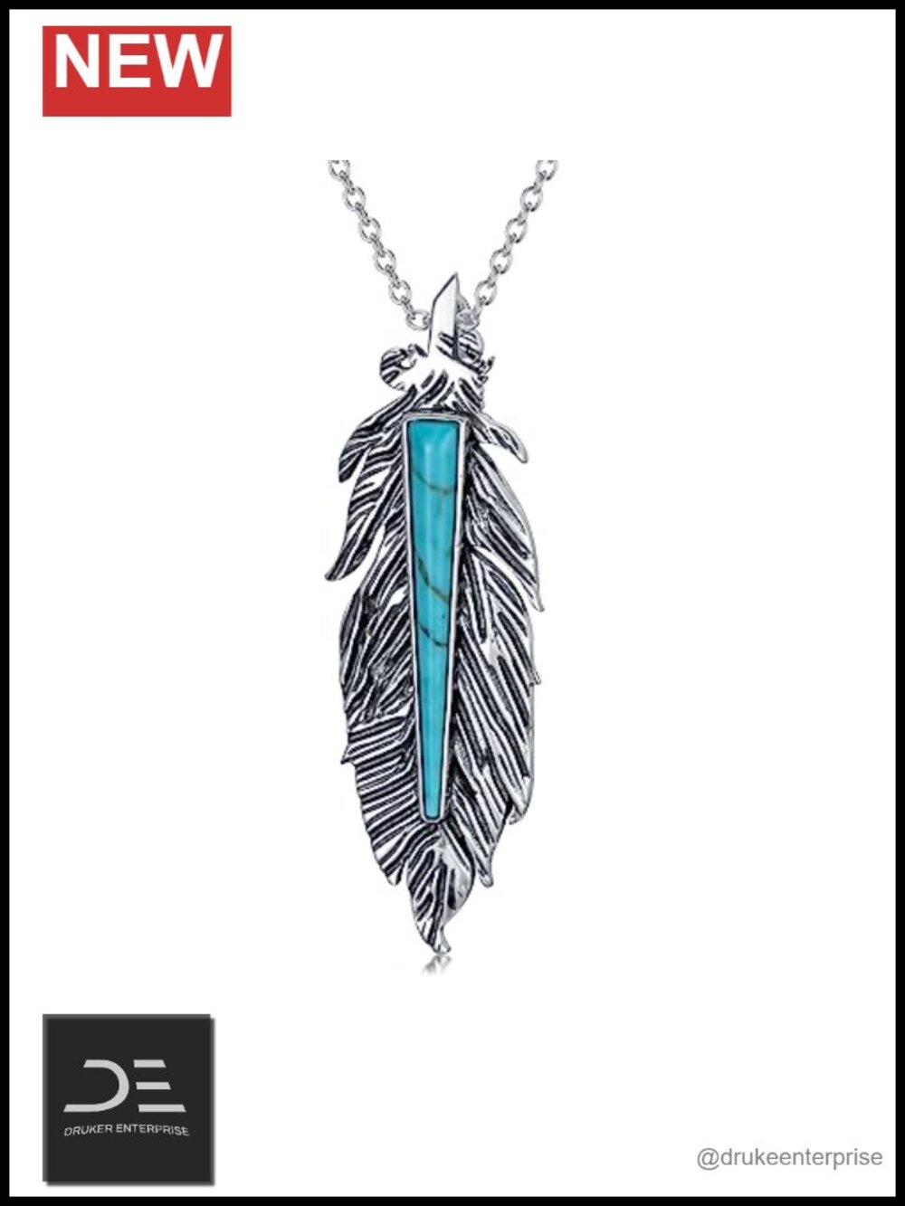 925 Sterling Silver Feather Turquoise Pendant Necklace Boho Western